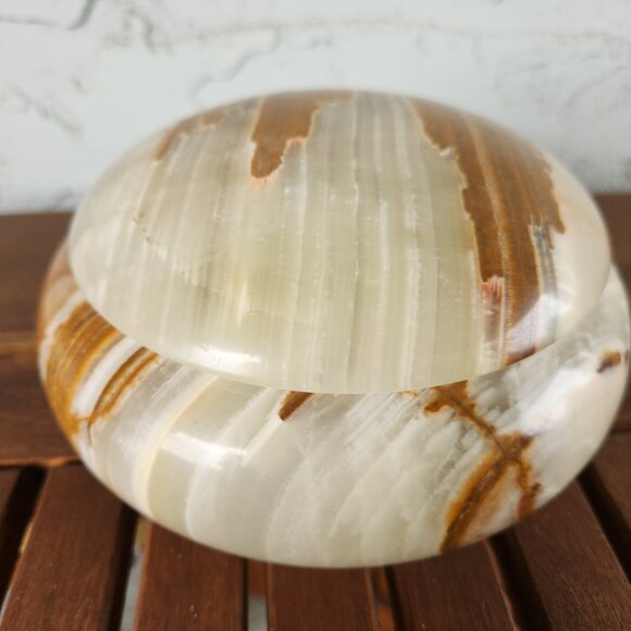 Vintage Polished Onyx Trinket Box with Lid – Brown & Cream Stone Dish 6" x 2.5" - Picture 3 of 9